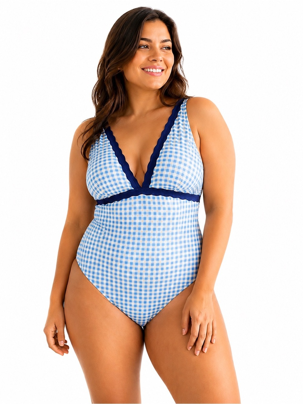 Vineyard Vines Plunge V-Neck Gingham One-Piece Swimsuit in Light Blue and White